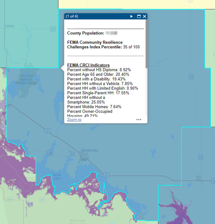 Overlay of Community Resilience Challenges Index Indicators Atop Flood Plain Map