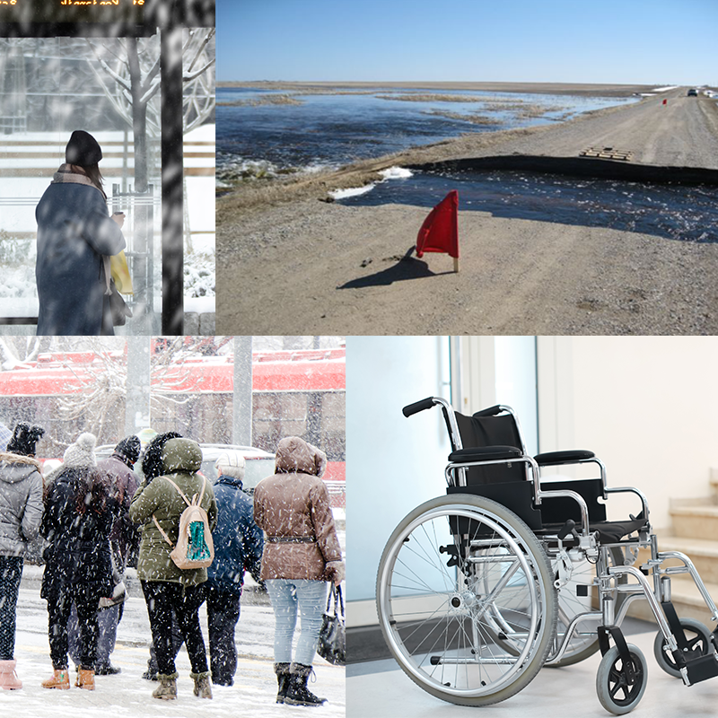 Collage of people waiting for a bus in a snowstorm, rural road washed out, and a wheelchair